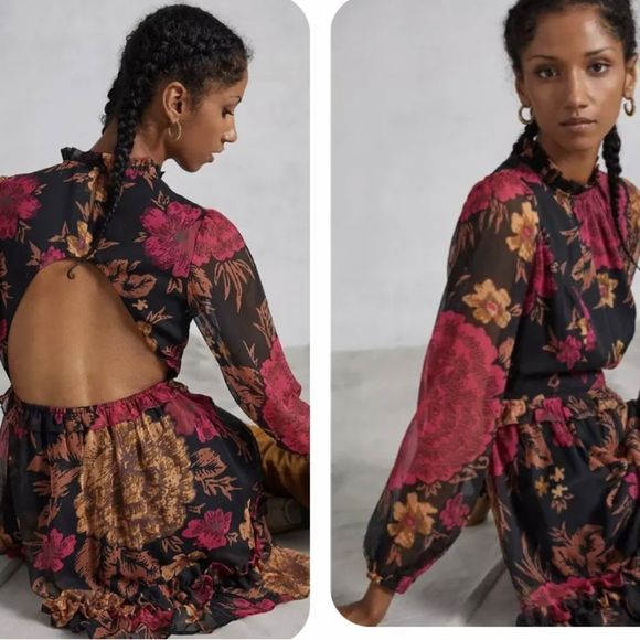 Anthropologie  Black Motif Open Back Floral Chiffon
Dress size L NWOT - Picture 1 of 12